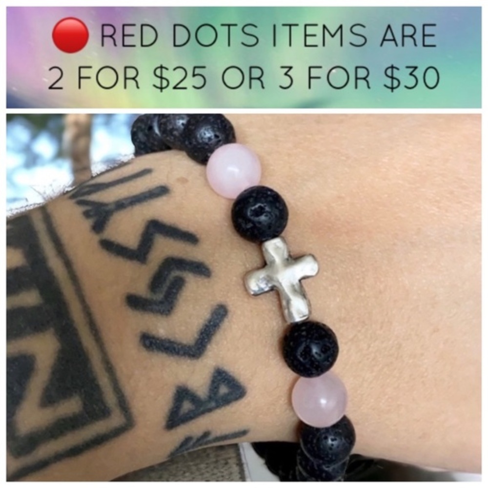 🔴 Lava rock & rose quartz gems silver cross bracelet